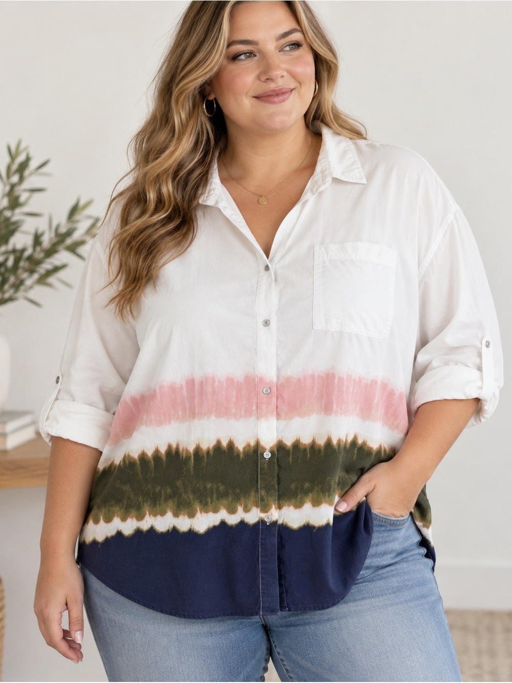 Westbound Woman 2X Tie Dye Button Down Shirt Roll Tab Sleeve